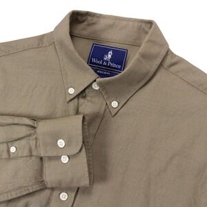 Wool & Prince Mens S Regular Fit Button Down Shirt Brown Olive Linen Wool